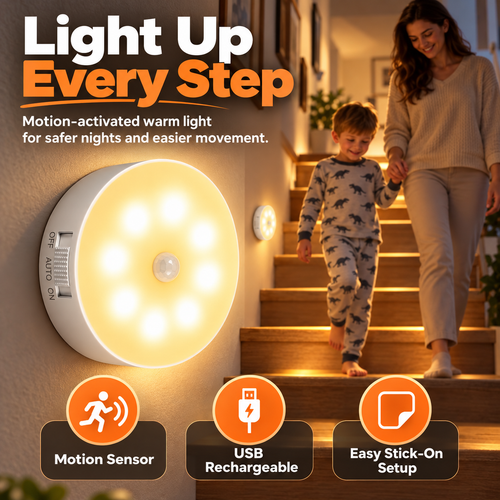 💡 Smart Motion Sensor Night Light ✨ | USB Rechargeable, Magnetic Mount & Auto-On Warm Glow 🏠