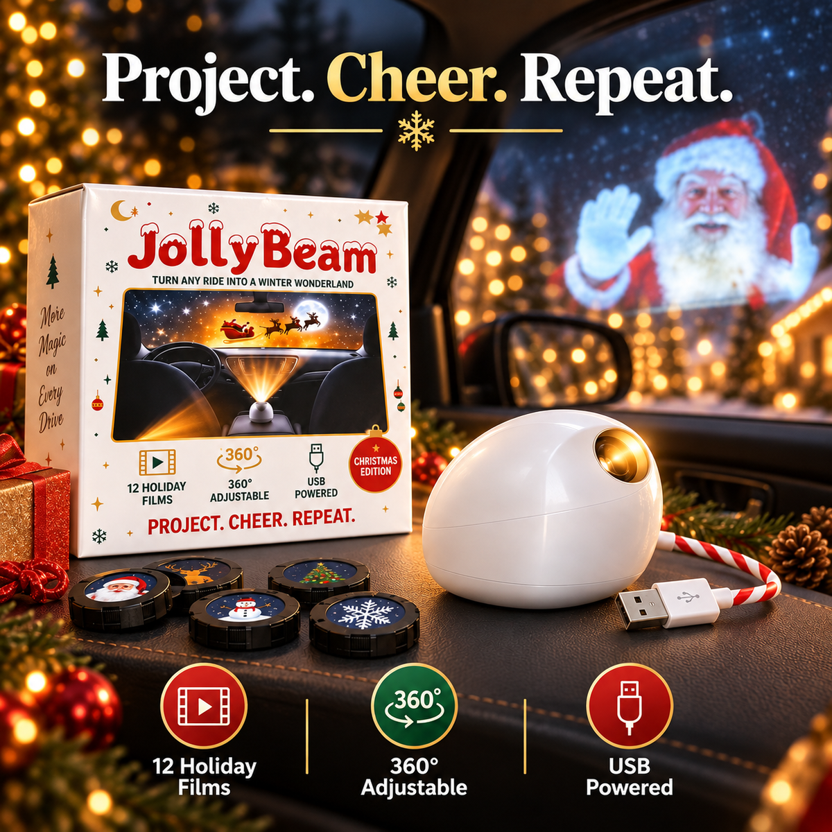 🎄 JollyBeam Car Window Projector ✨ 12 Holiday Films USB Christmas Car Decor