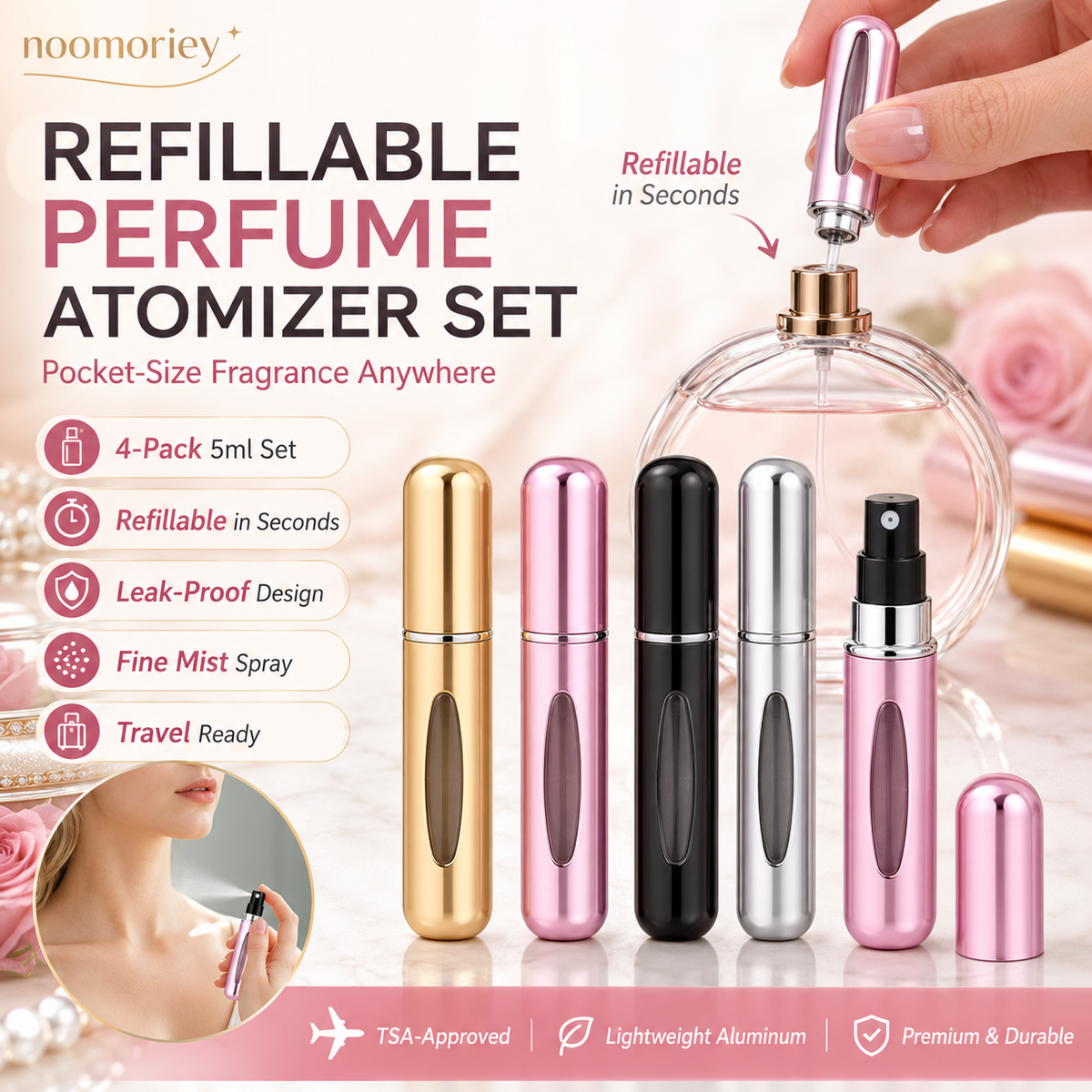 ✨ 4-Pack 5ml Refillable Perfume Atomizer Set – Leak-Proof Travel Spray Bottles