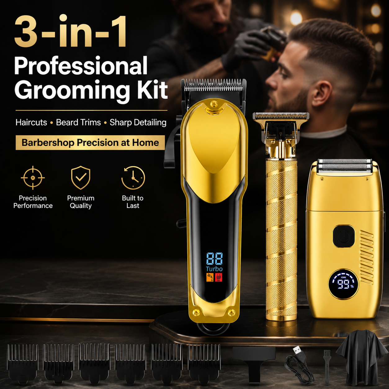 3-Piece Professional Hair Clipper & Trimmer Kit for Men