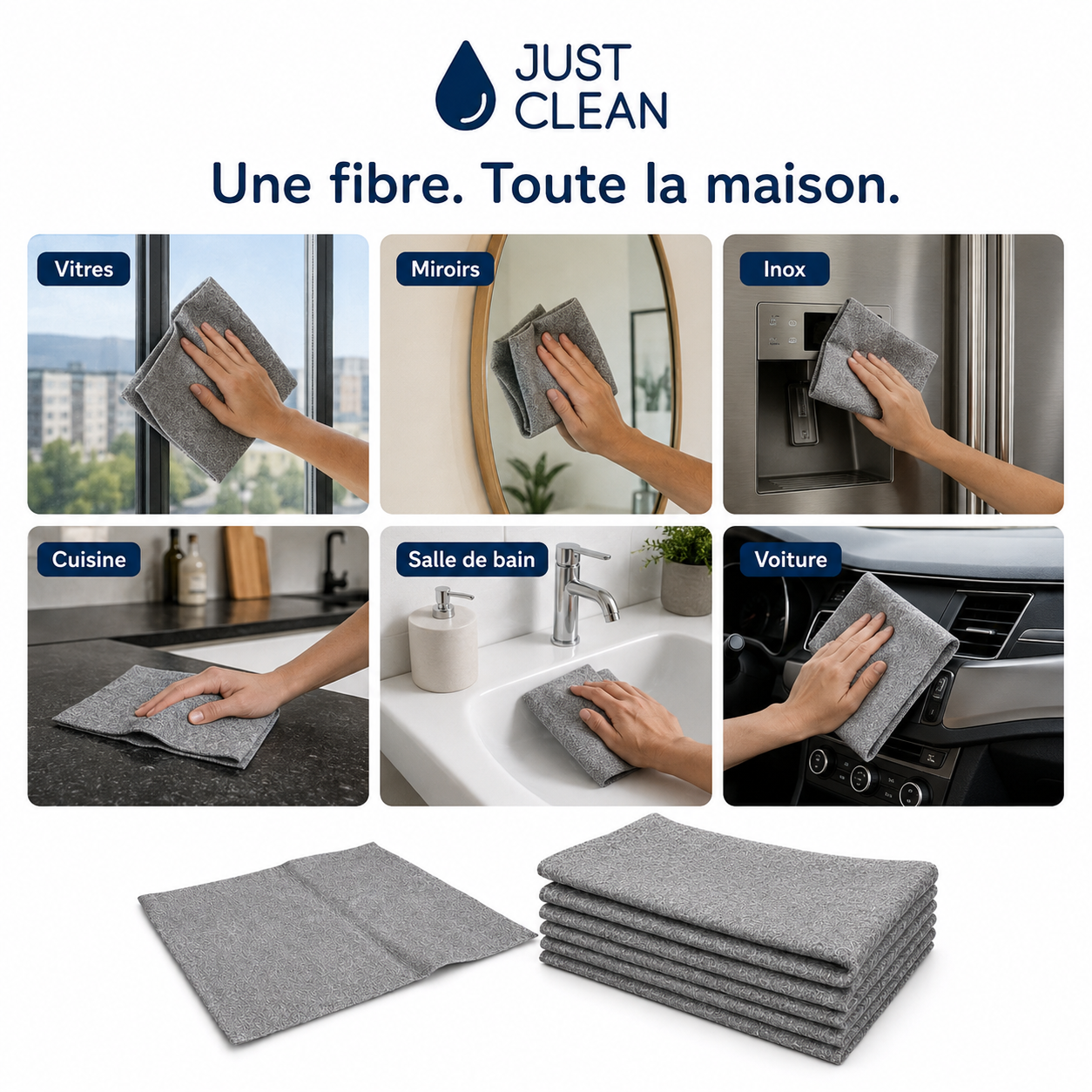 JustClean cloth used around windows, mirrors, kitchen, bathroom and car interiors