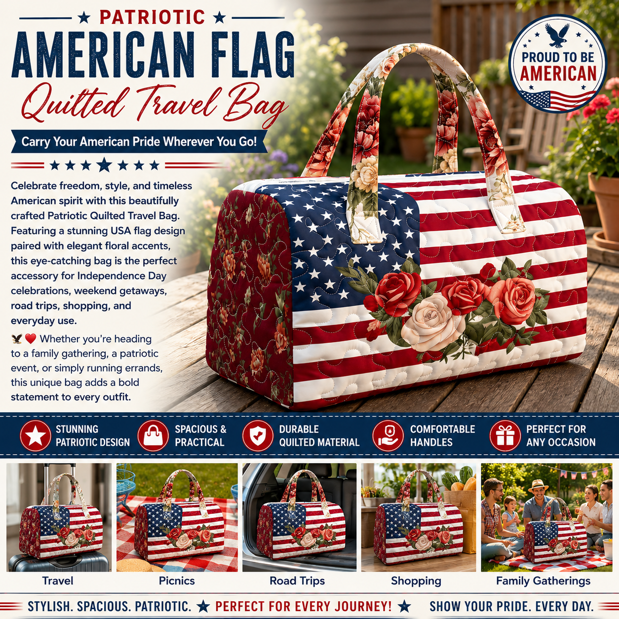 🇺🇸✨ Patriotic American Flag Quilted Travel Bag