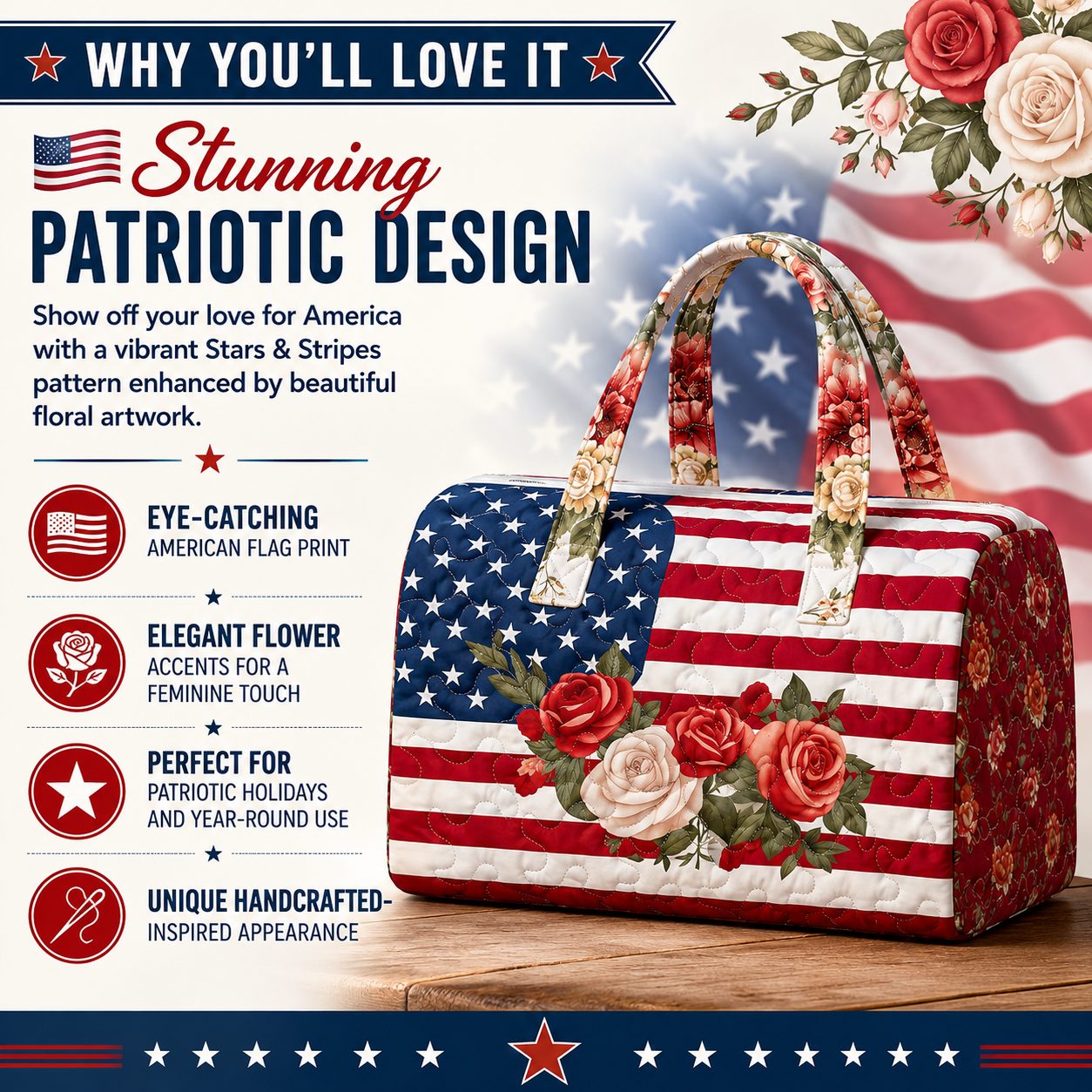 🇺🇸✨ Patriotic American Flag Quilted Travel Bag