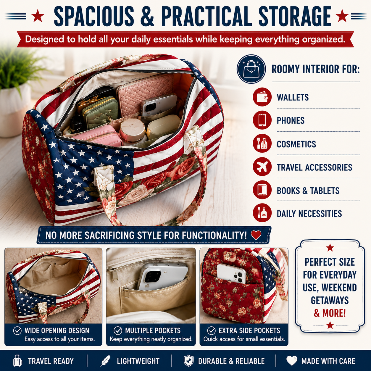 🇺🇸✨ Patriotic American Flag Quilted Travel Bag