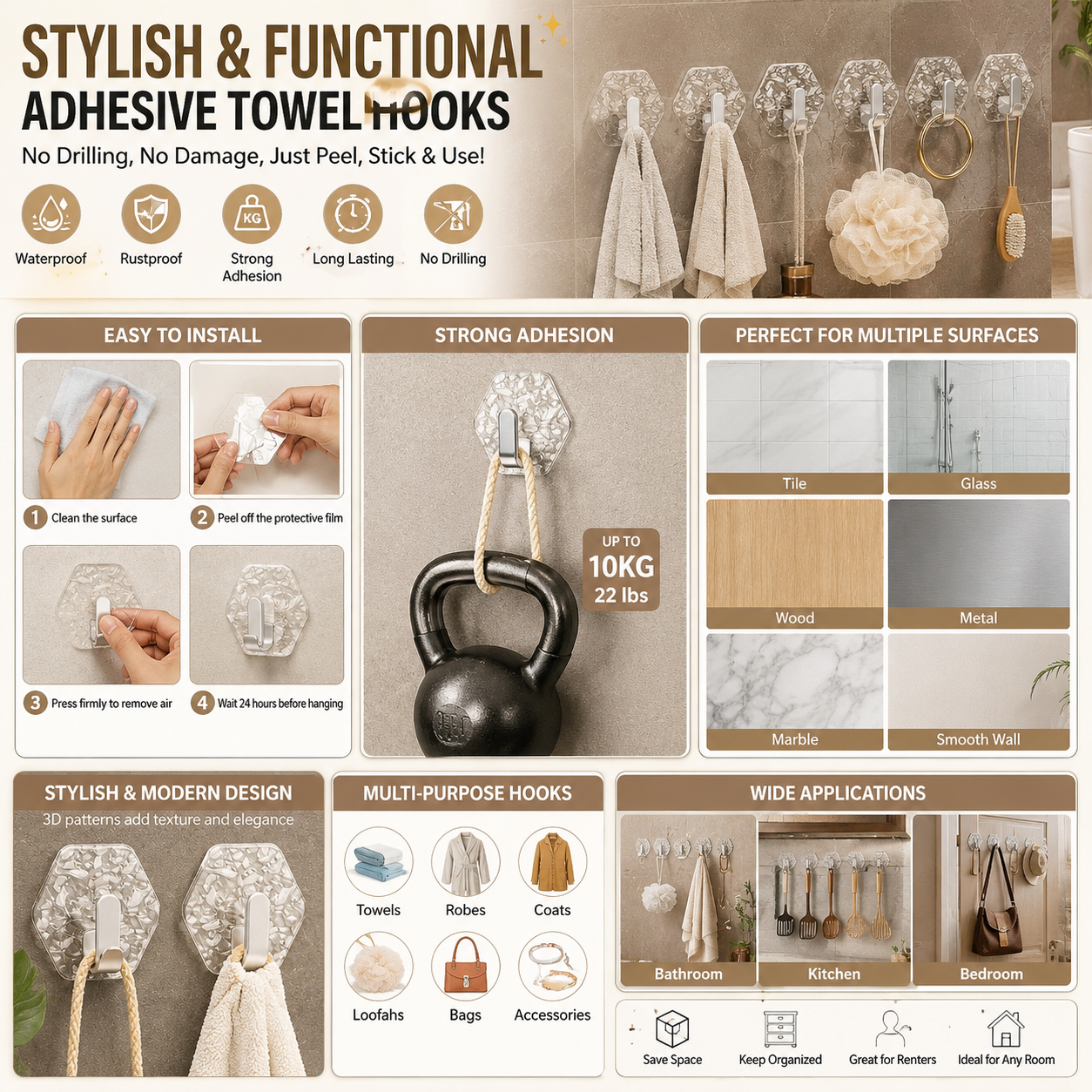 ✨ Self-Adhesive Waterproof Wall Hooks – No Drill Heavy Duty Towel & Robe Holder 🏠