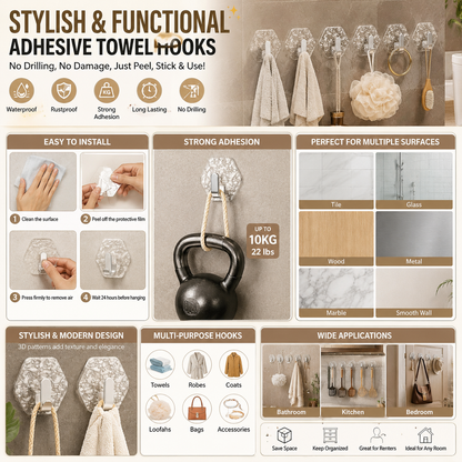 ✨ Self-Adhesive Waterproof Wall Hooks – No Drill Heavy Duty Towel & Robe Holder 🏠