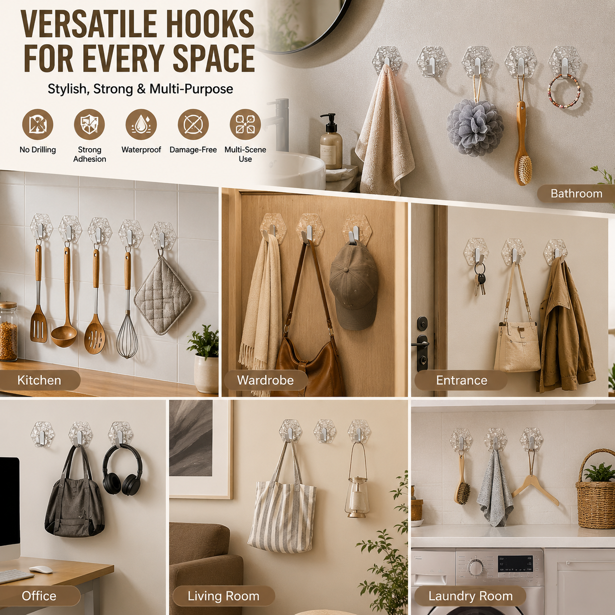 ✨ Self-Adhesive Waterproof Wall Hooks – No Drill Heavy Duty Towel & Robe Holder 🏠