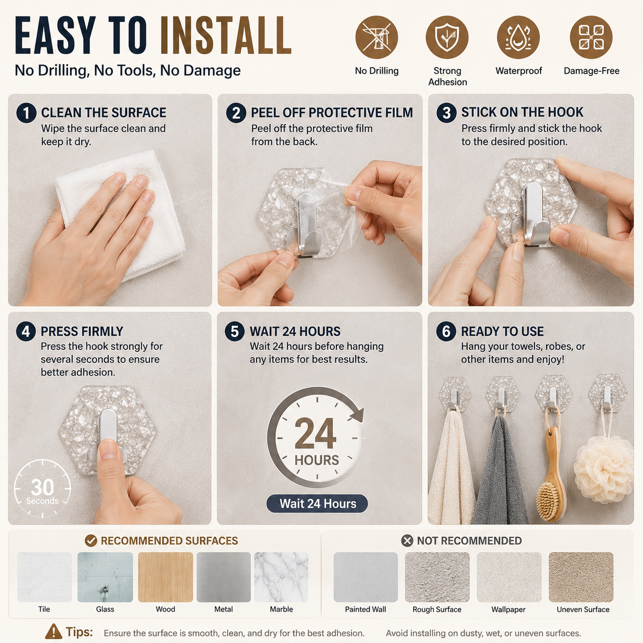 ✨ Self-Adhesive Waterproof Wall Hooks – No Drill Heavy Duty Towel & Robe Holder 🏠