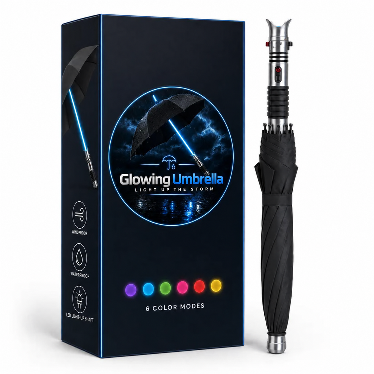 Glowing Umbrella folded design, metallic-style handle and product packaging