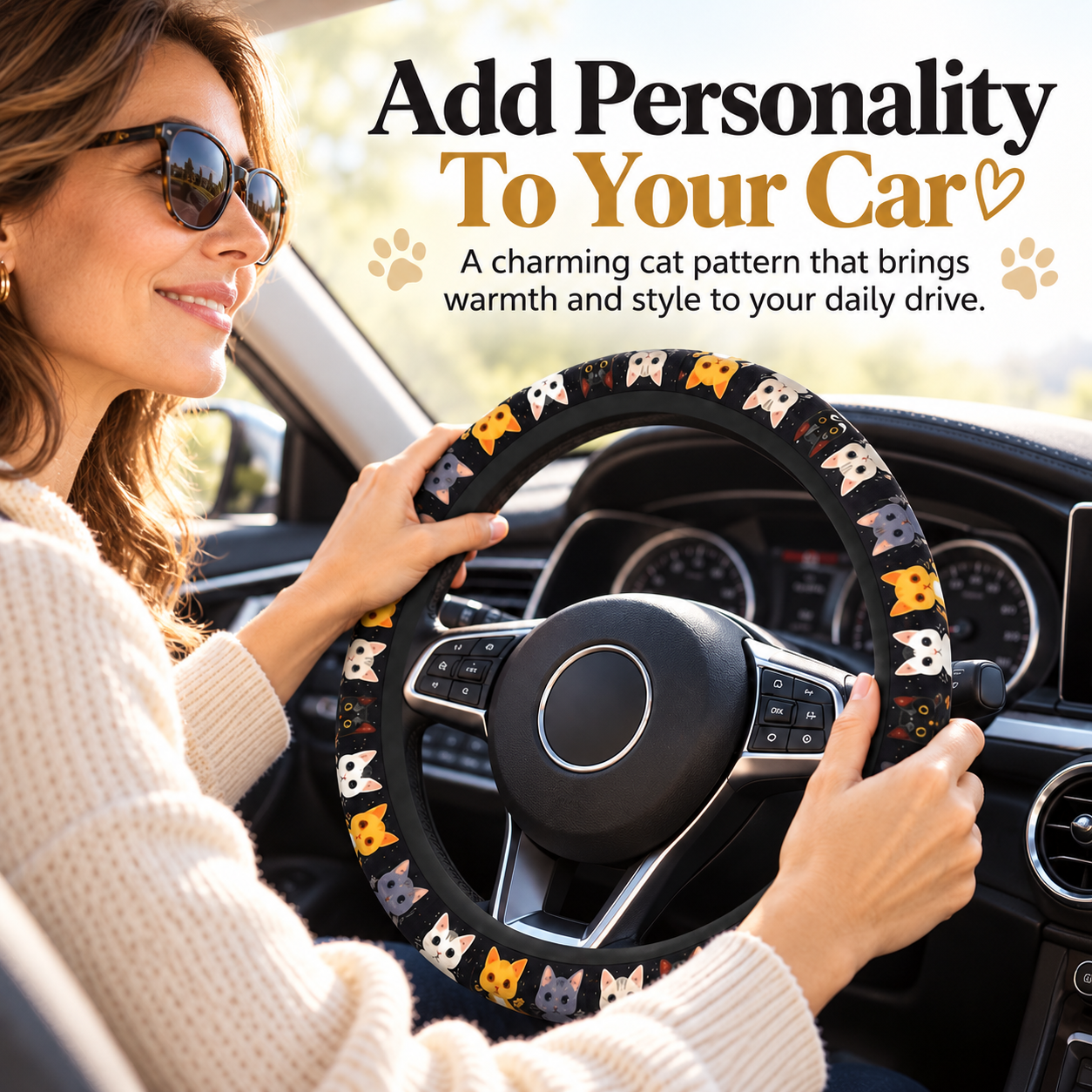 Stylish mature woman holding steering wheel decorated with orange white gray and black cat illustrations