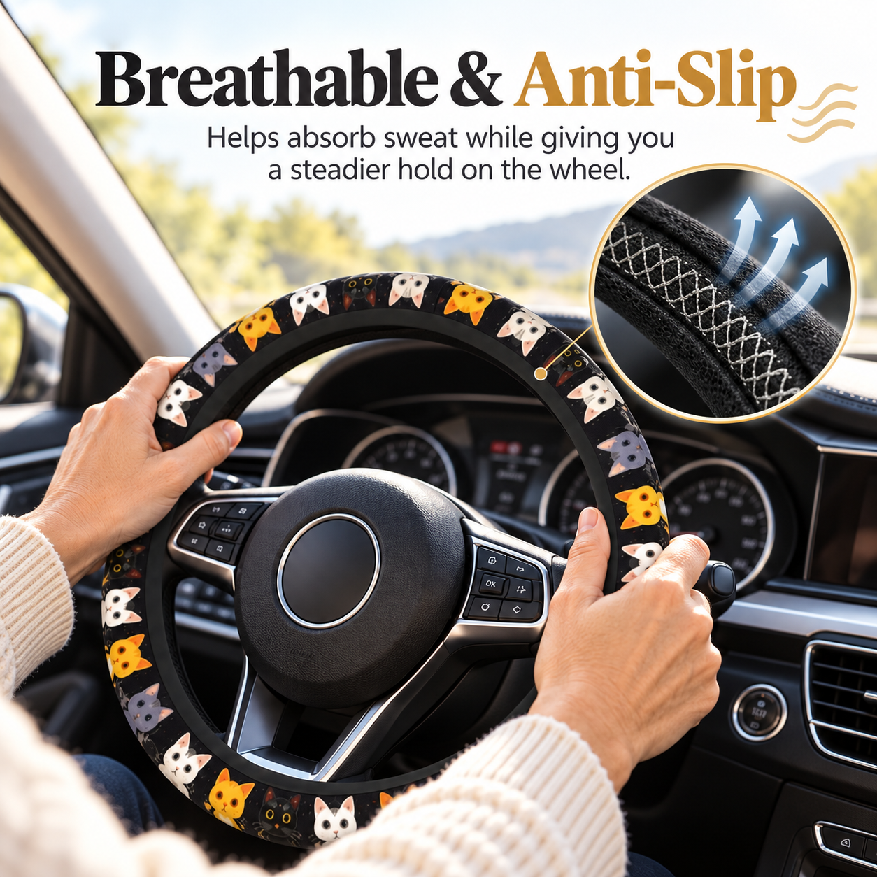 Cat steering wheel cover with mature hands holding the wheel and enlarged breathable anti-slip lining detail