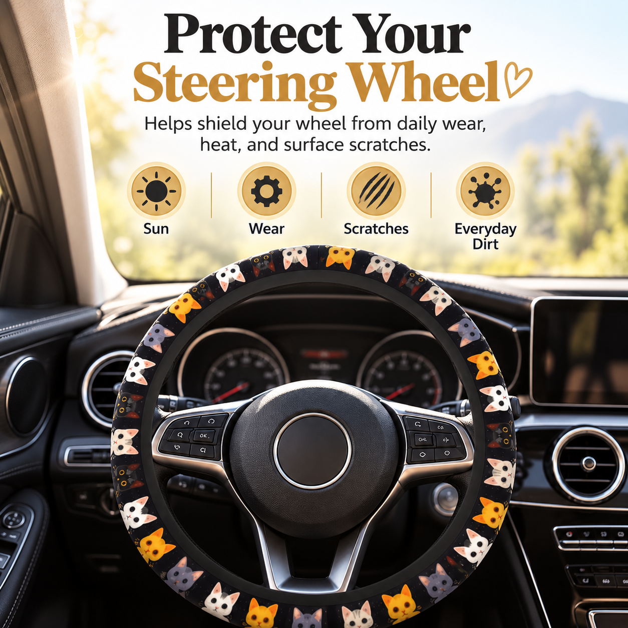 Cat pattern steering wheel cover illustrating everyday steering wheel surface protection from sunlight wear scratches and dirt