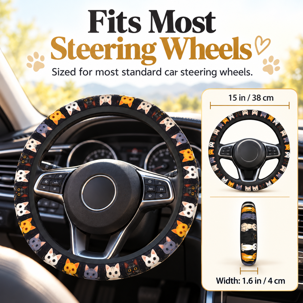 Cat steering wheel cover installed on car with exact 15 inch diameter and 1.6 inch rim coverage measurement infographic
