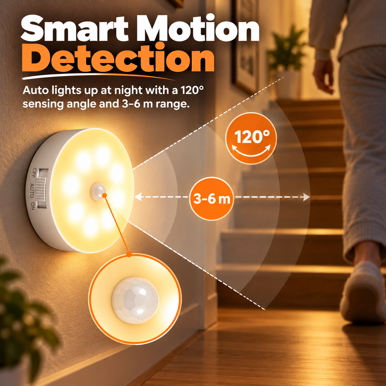 Night light motion detection illustration showing 120 degree angle and 3 to 6 meter sensing distance beside stairs