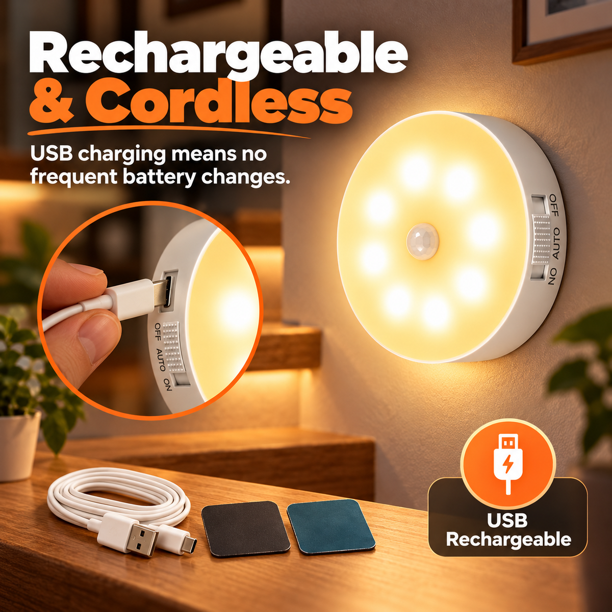 💡 Smart Motion Sensor Night Light ✨ | USB Rechargeable, Magnetic Mount & Auto-On Warm Glow 🏠
