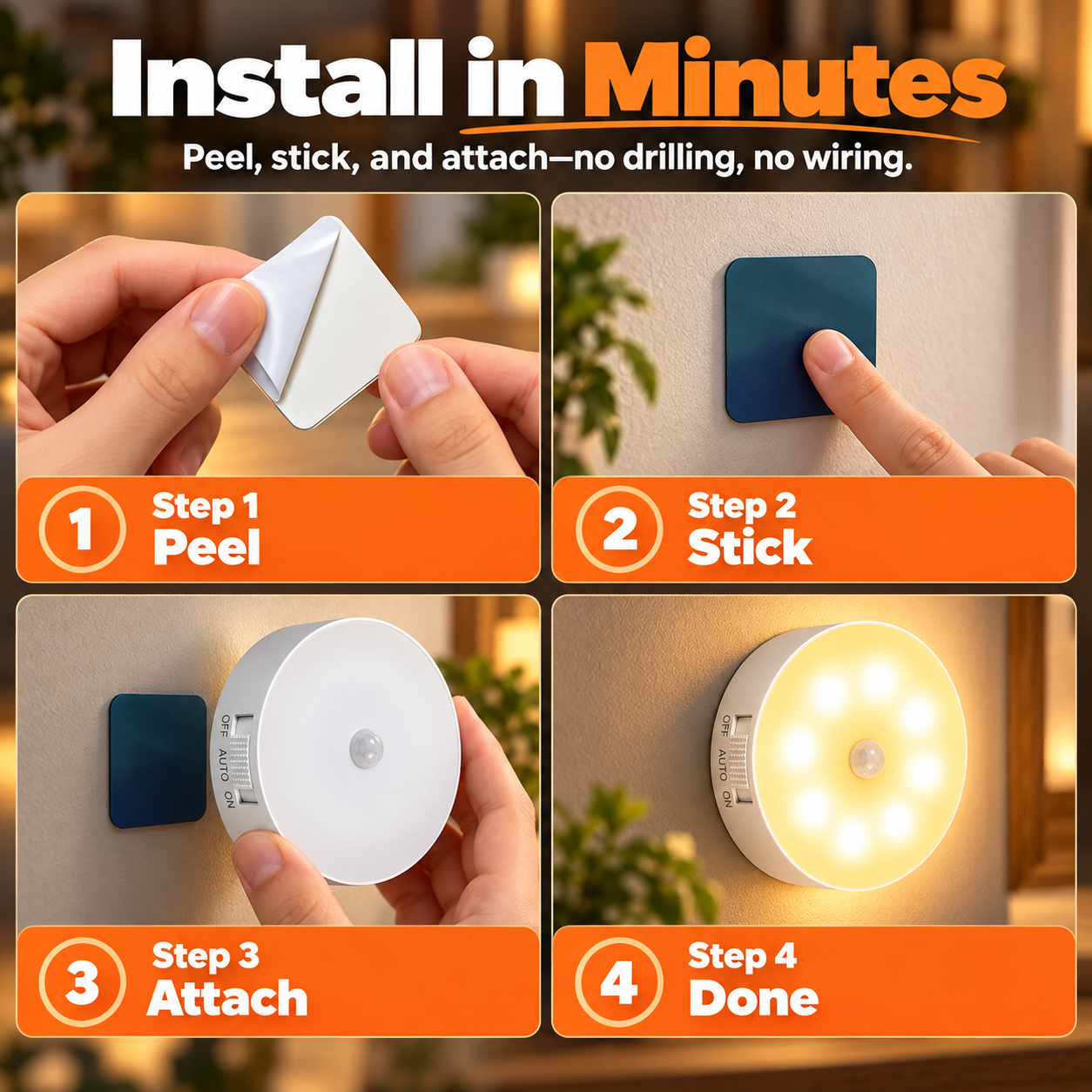 Four steps to install night light including peeling adhesive mounting patch sticking plate and attaching the lamp