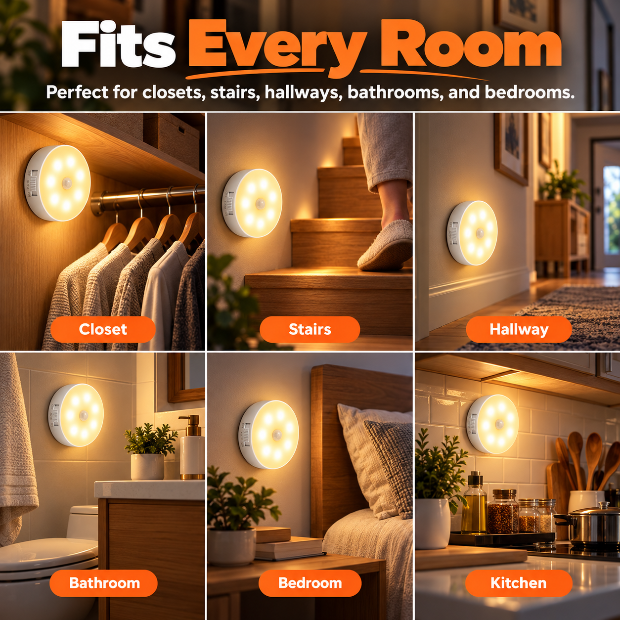 Motion sensor night light shown in closet stairs hallway bathroom bedroom and kitchen scenes