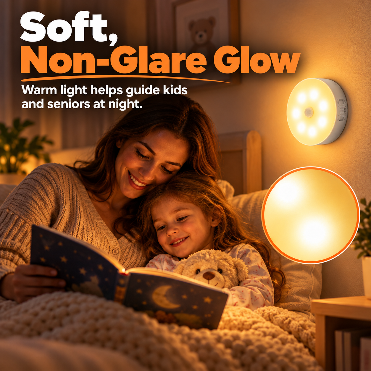Mother reading a bedtime story with child beside a softly glowing warm motion sensor night light