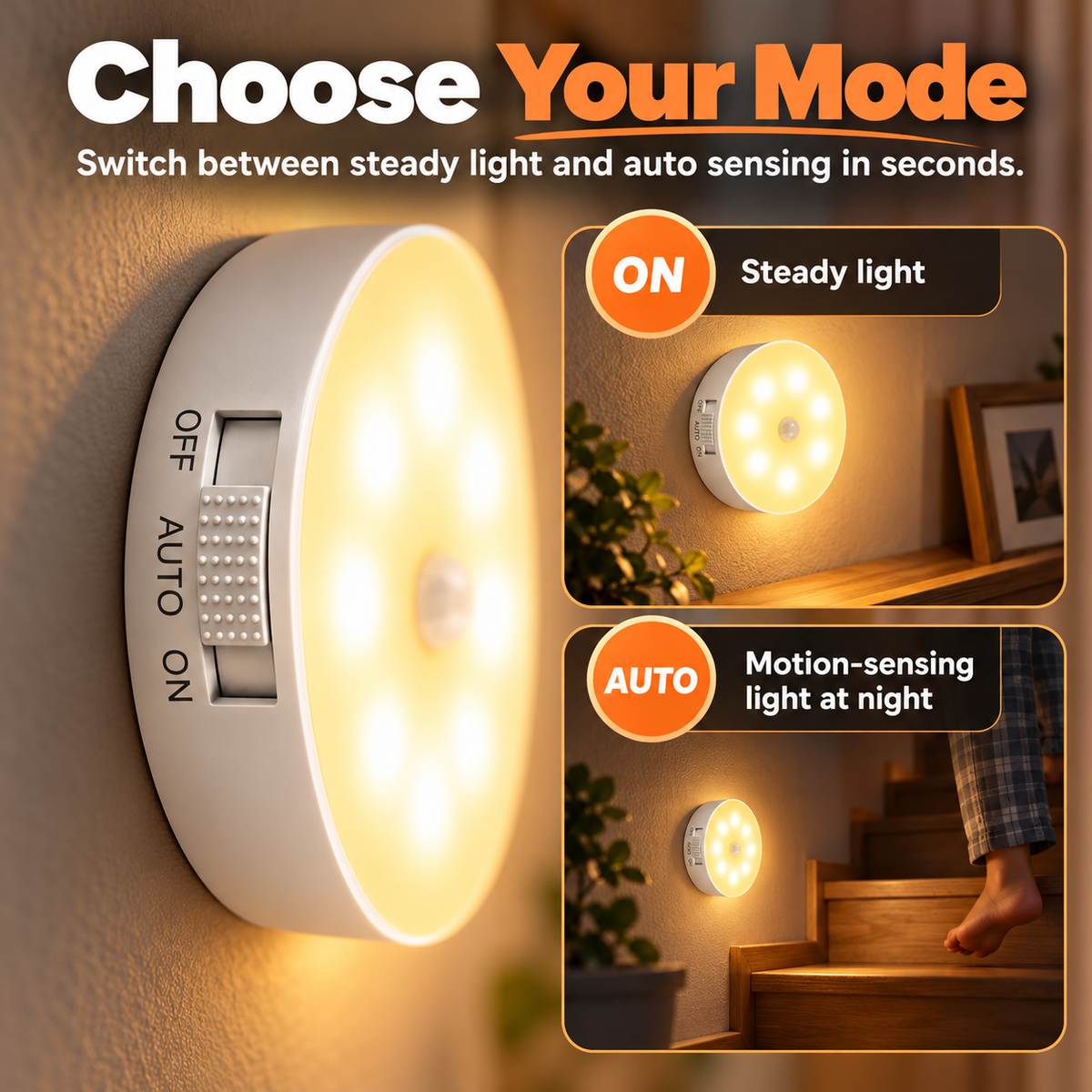 💡 Smart Motion Sensor Night Light ✨ | USB Rechargeable, Magnetic Mount & Auto-On Warm Glow 🏠