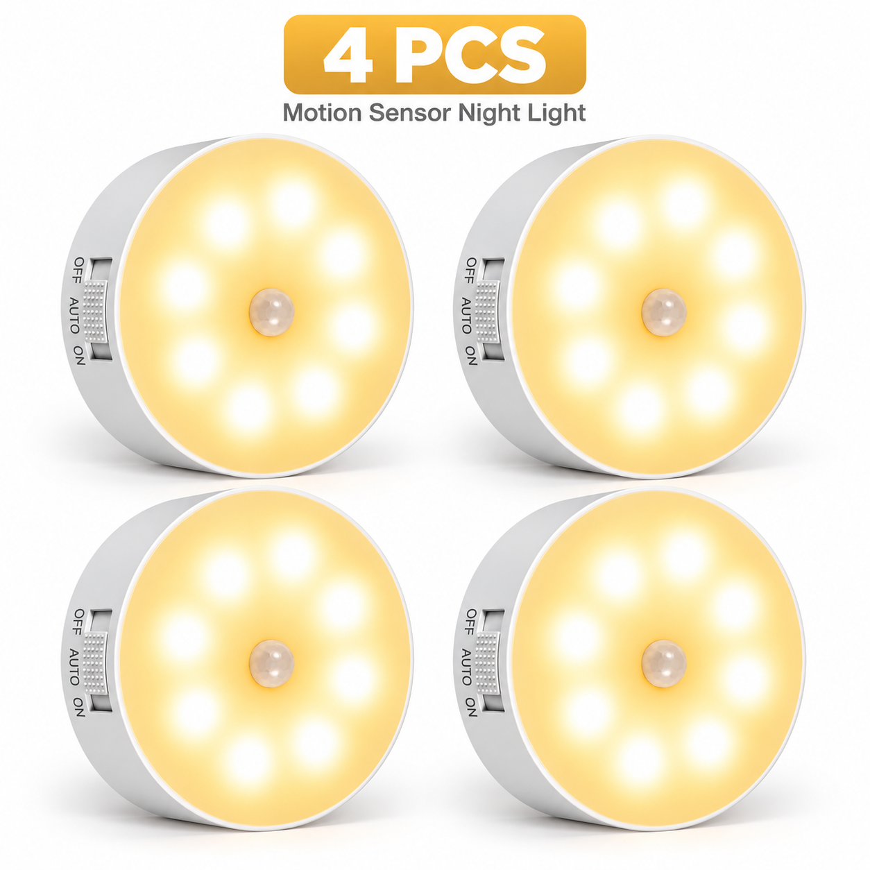 Four piece bundle of identical rechargeable motion sensor night lights