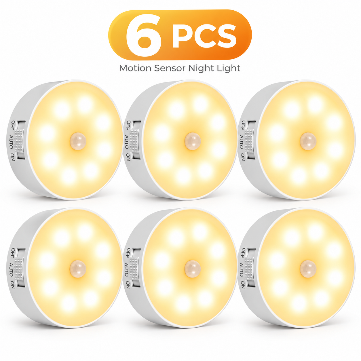 Six piece bundle containing six white round rechargeable night lights