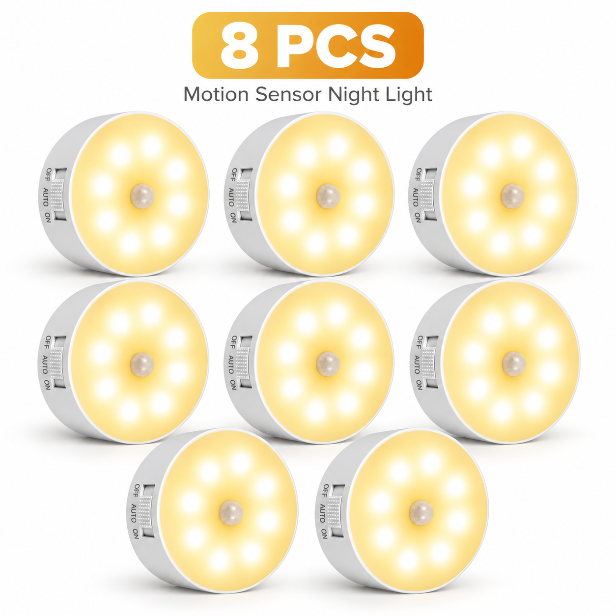 Eight piece bundle containing eight motion sensing USB rechargeable night lights
