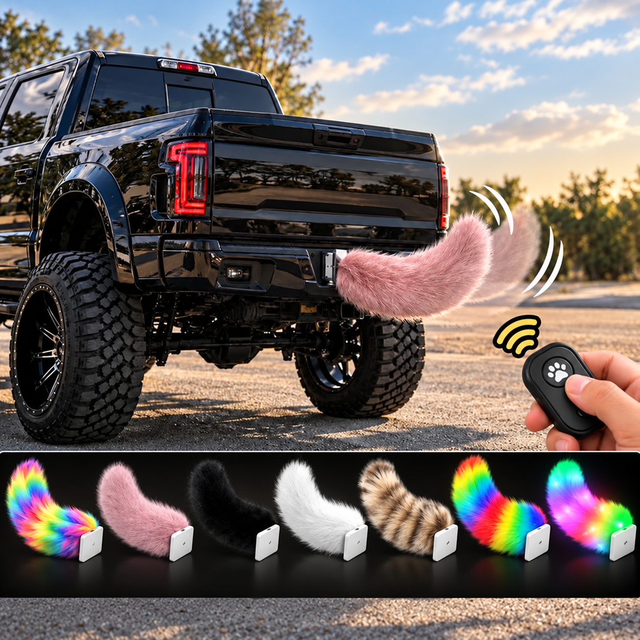 Remote control activating a pink fluffy wagging tail mounted on the rear of a black truck