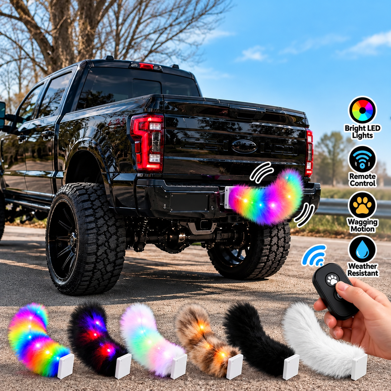 Product promotional image of wagging tail on a pickup with illustrated LED effects, remote control and multiple tail appearances