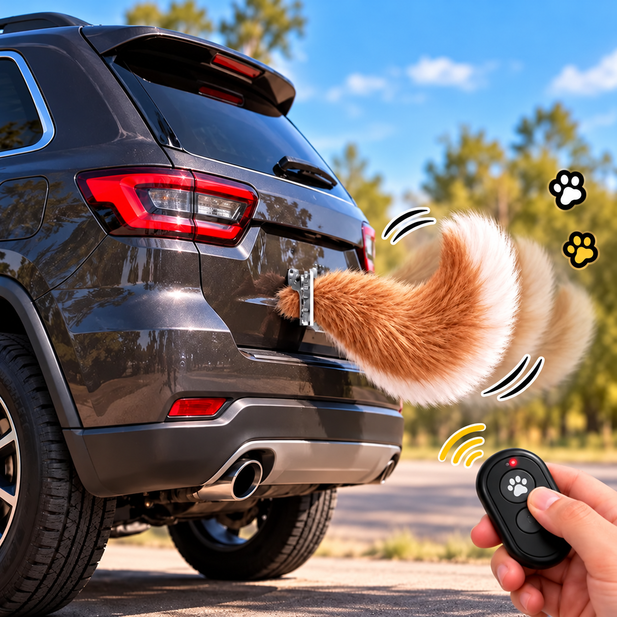 Remote controlled brown and white wagging tail attached to a dark SUV