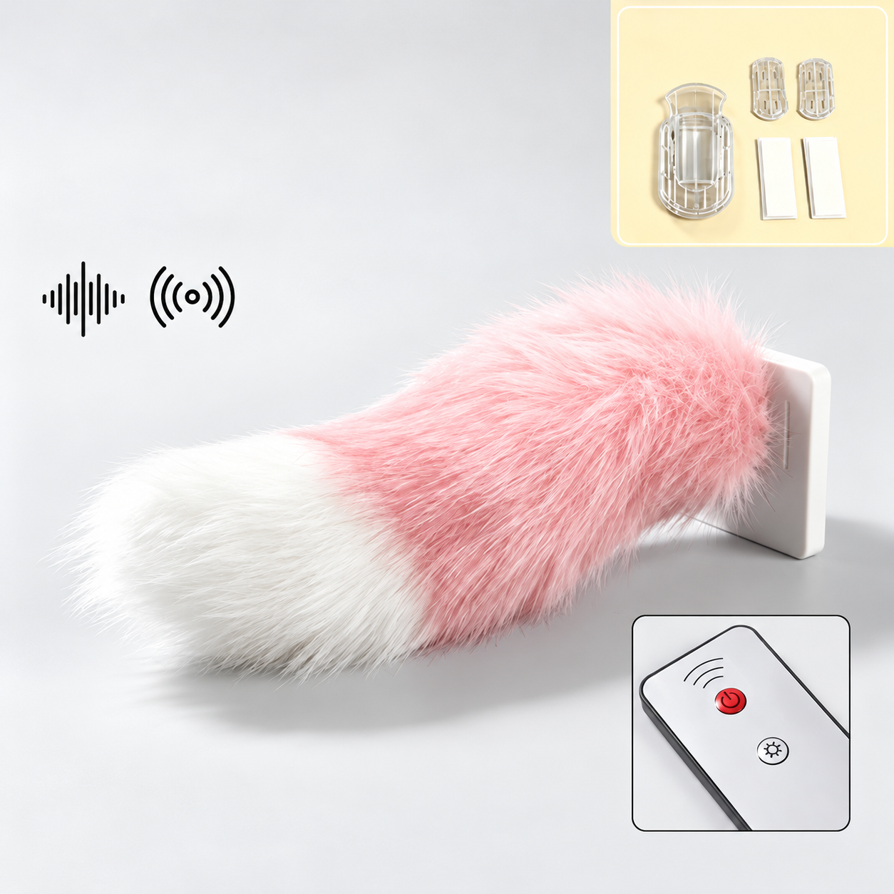 Pink and white fluffy wagging tail variation showing remote control and mounting accessories