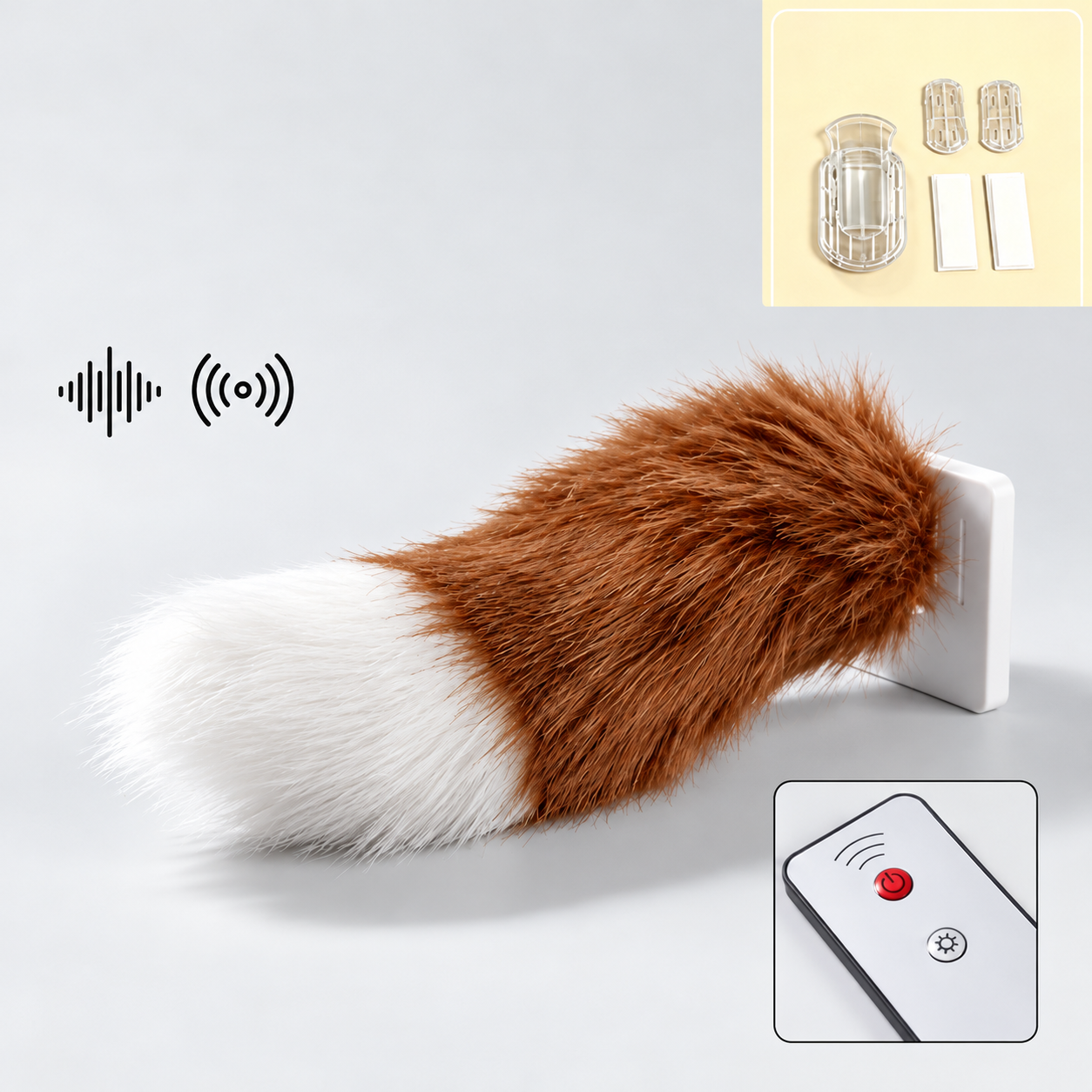 Brown and white remote controlled wagging tail with mounting and remote illustrations