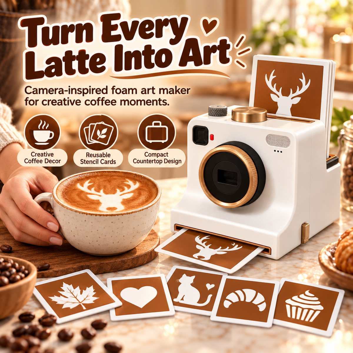 ☕ 3D Latte Art Camera 📸 | Creative Coffee Foam Art Maker with Reusable Stencils ✨