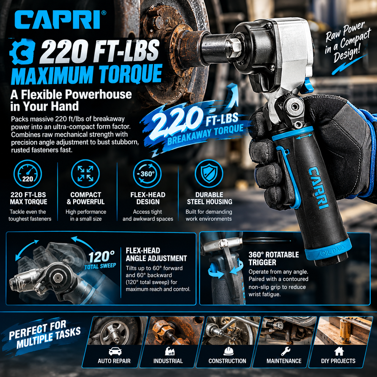 🔧Capri Tools 1/2 in. Flex-Head Air Angle Impact Wrench, 400 ft. lbs.