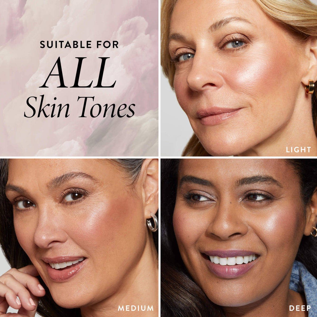 Three models with different skin tones wearing makeup looks created with Laura Geller face palette