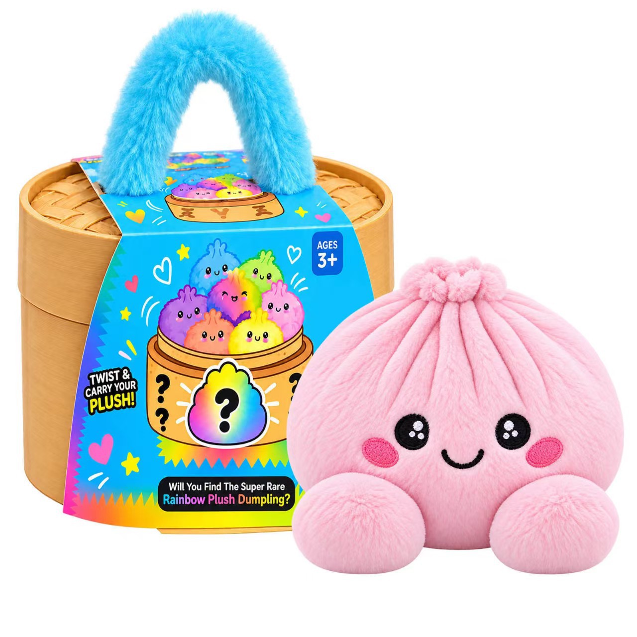 Pastel pink dumpling plush with steamer-style case