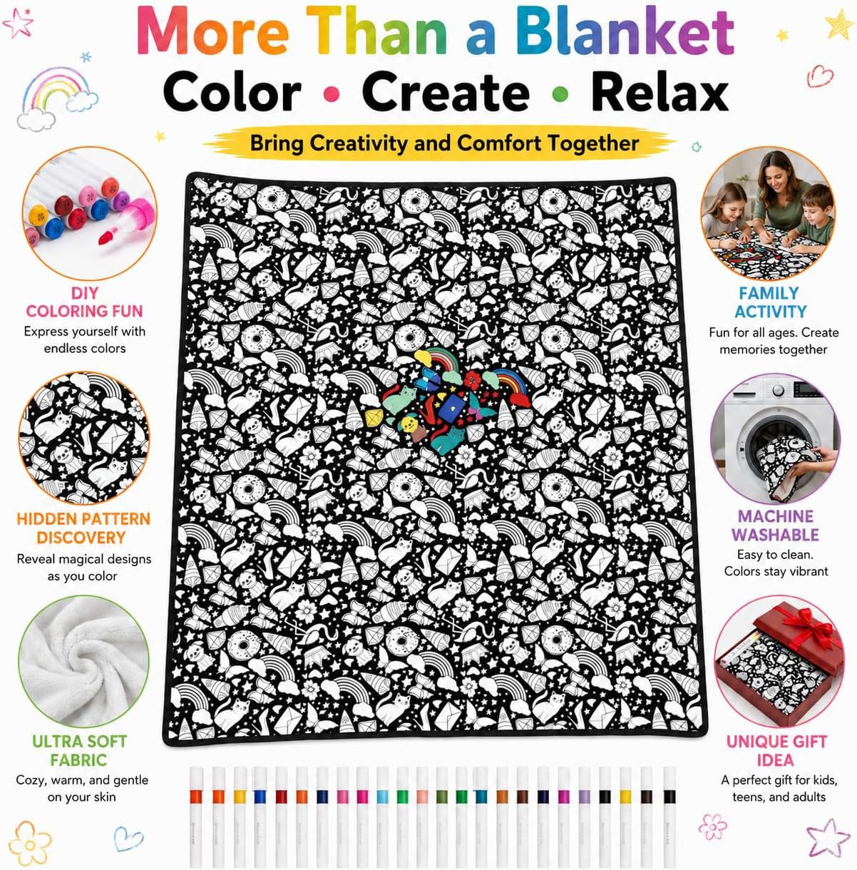 🎨 Color Your Own Halloween Blanket – DIY Fuzzy Velvet Blanket with 24 Markers