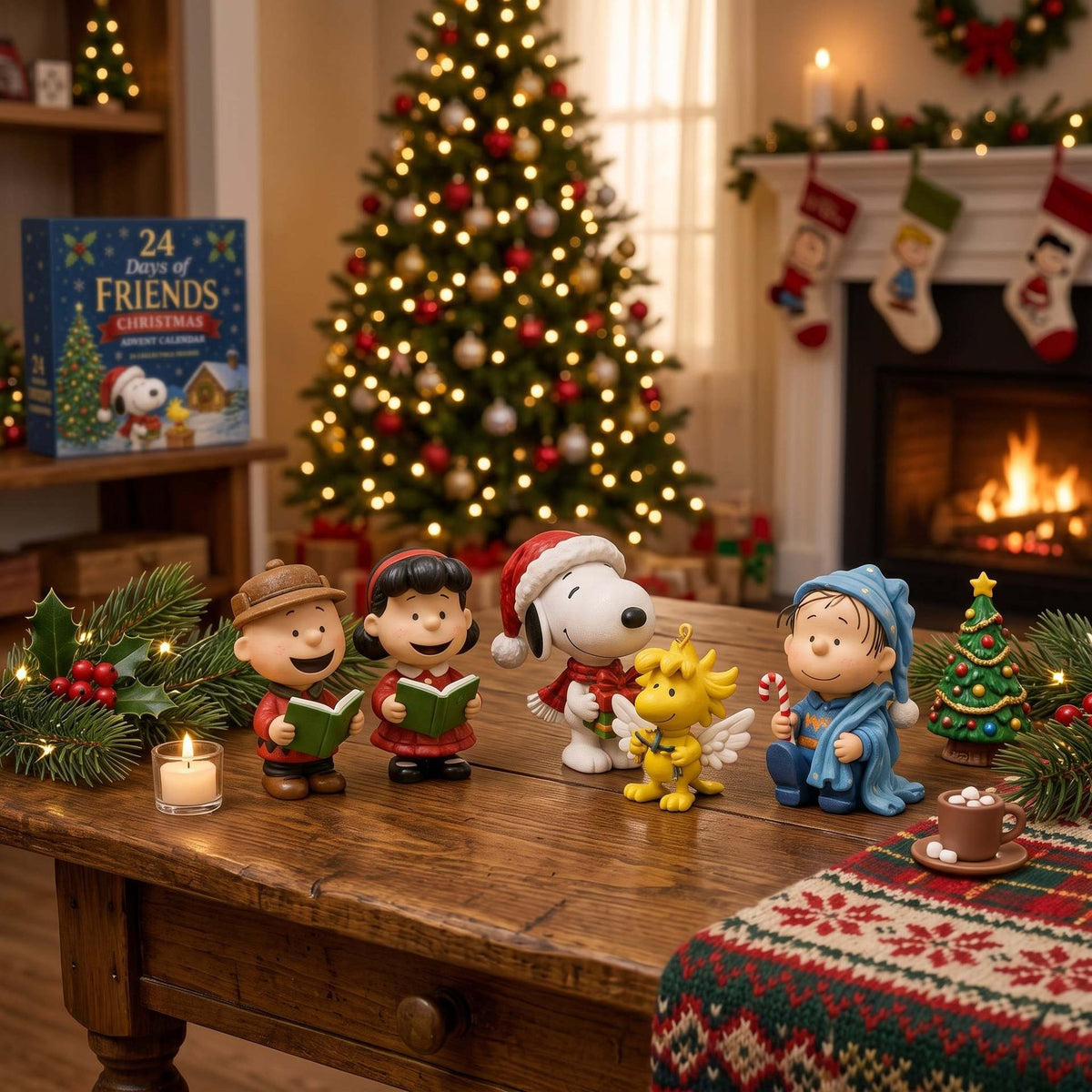 Christmas collectible mini figures arranged beside a glowing Christmas tree and fireplace