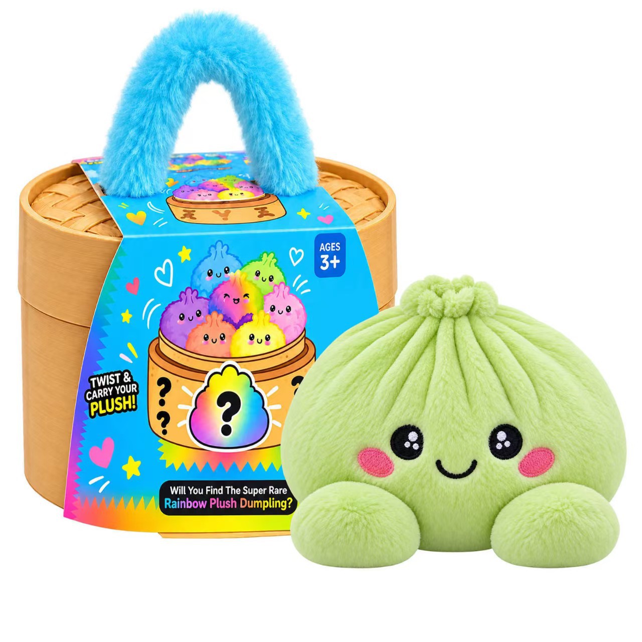 Pastel green dumpling plush with steamer-style case