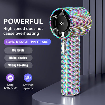 💎 Full Diamond Handheld Fan | Digital Display & Adjustable Speed