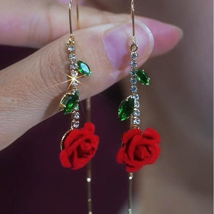 🌹 Vintage Flocked Red Rose Threader Drop Earrings