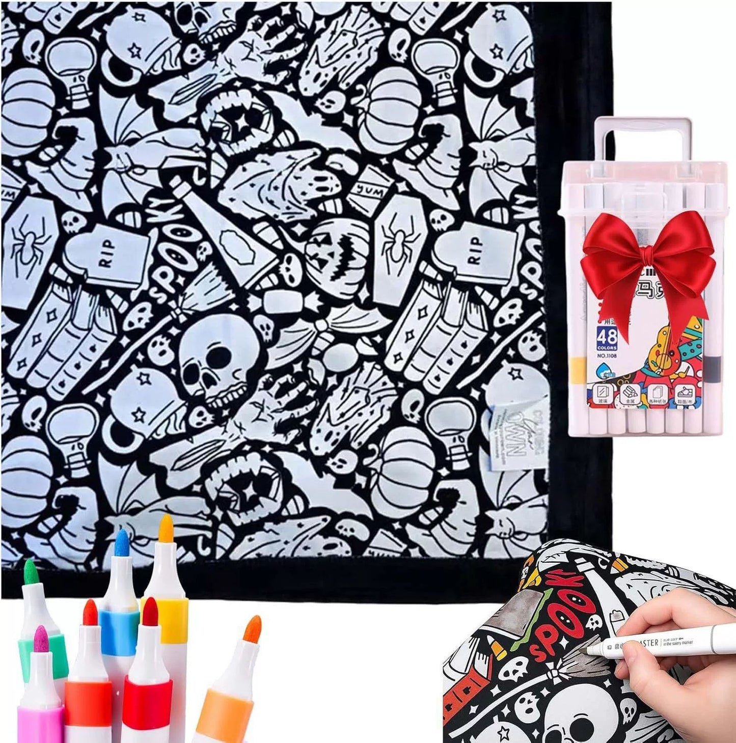 🎨 Color Your Own Halloween Blanket – DIY Fuzzy Velvet Blanket with 24 Markers