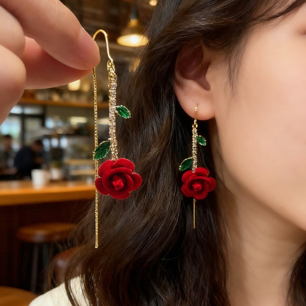 🌹 Vintage Flocked Red Rose Threader Drop Earrings