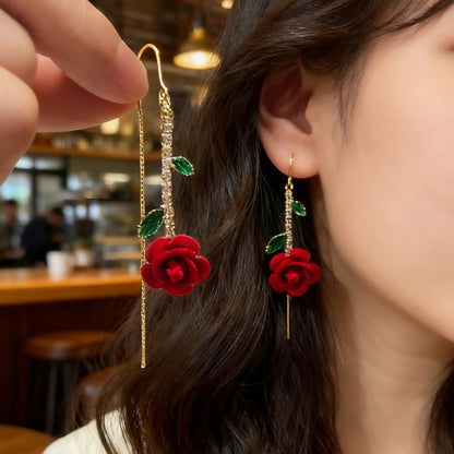 🌹 Vintage Flocked Red Rose Threader Drop Earrings