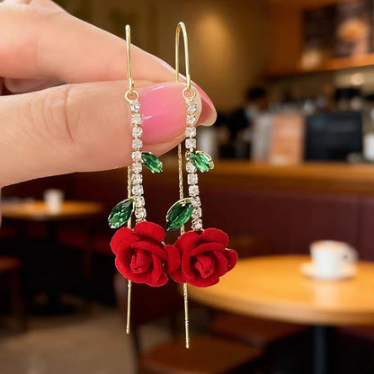 🌹 Vintage Flocked Red Rose Threader Drop Earrings