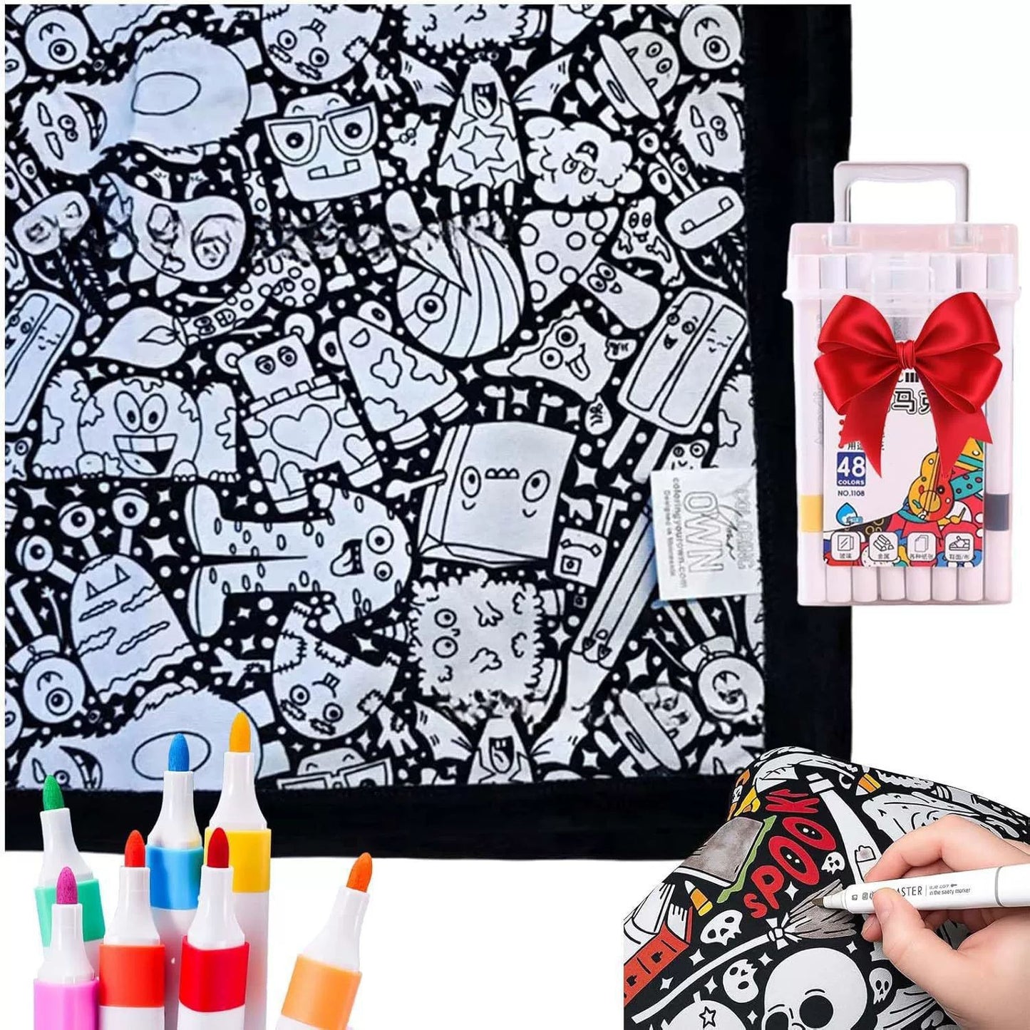 🎨 Color Your Own Halloween Blanket – DIY Fuzzy Velvet Blanket with 24 Markers