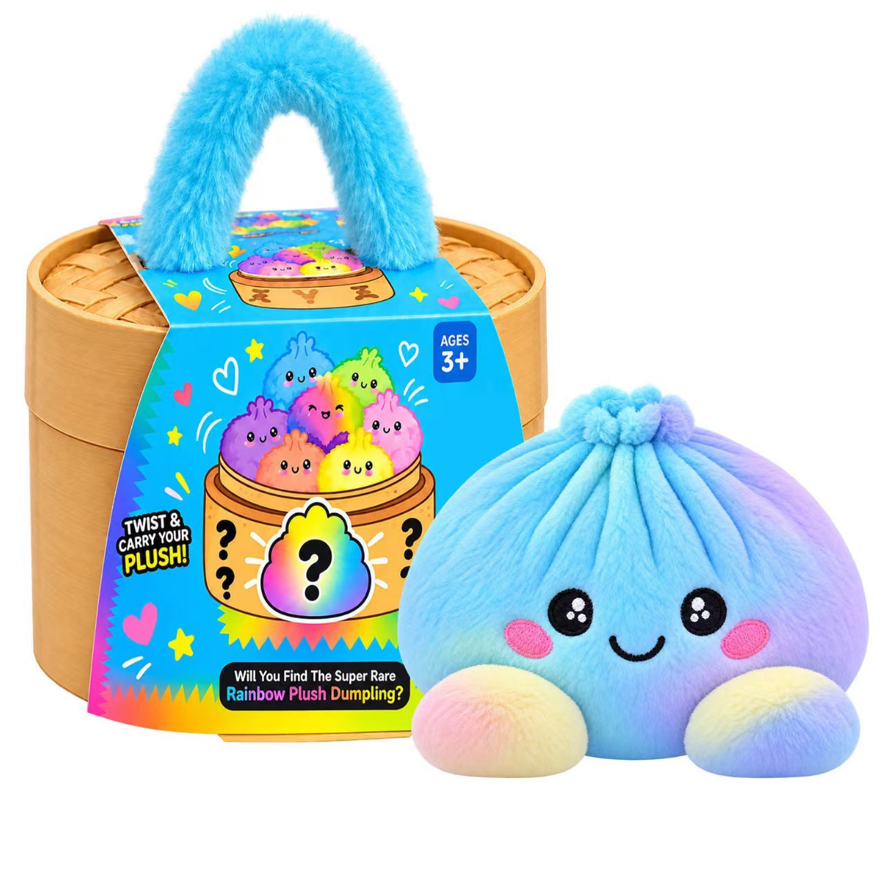 Pastel powder blue and lavender dumpling plush with steamer case