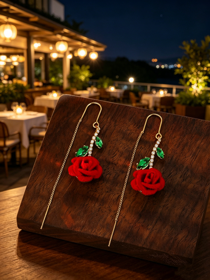 🌹 Vintage Flocked Red Rose Threader Drop Earrings