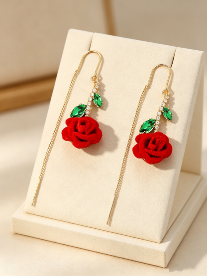 🌹 Vintage Flocked Red Rose Threader Drop Earrings