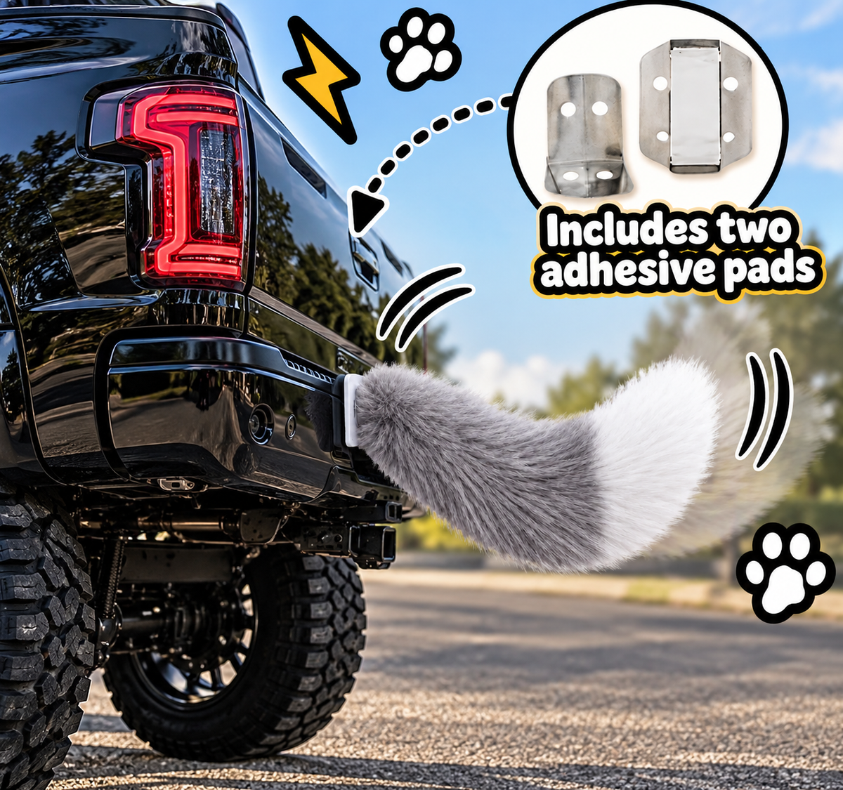 Rear vehicle wagging tail attachment with detail showing mounting brackets and two adhesive pads