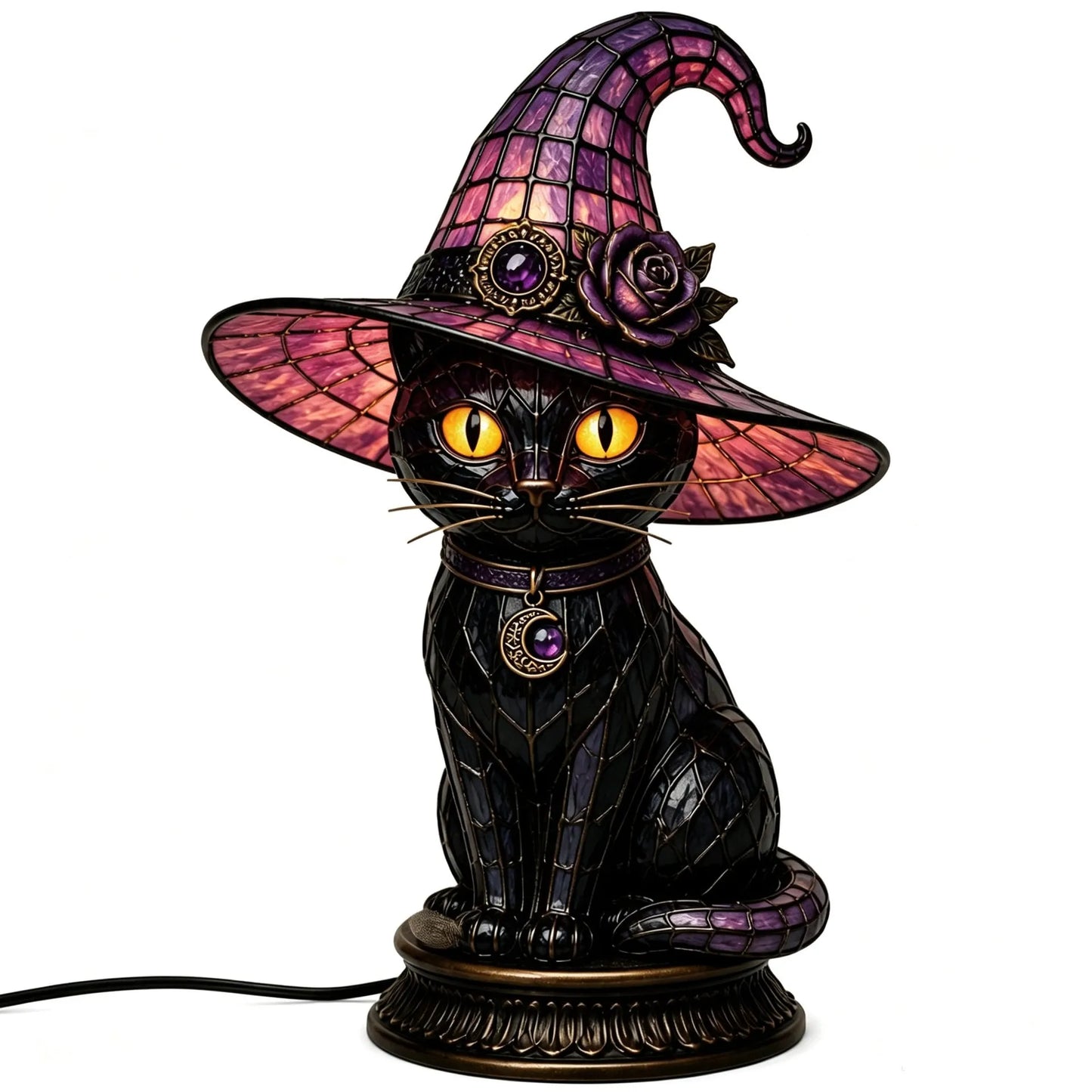 🔥Exclusive Limited Item 👍🔥50%OFF🐈 Gothic Stained Glass Witch Black Cat Table Lamp | Halloween Witch Hat Night Light Decor